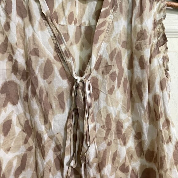 LOFT Womens Tan Button Ruffle Tie Neck Sleeveless Abstract Career Blouse Small - Picture 4 of 7